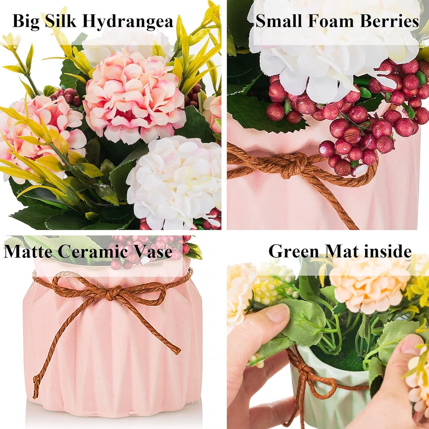 BLOSMON Fake Flowers in Vase for Centerpieces: 4 PCS 5.9 Inch Small Artificial Hydrangea with Vase Table Decor - Faux Floral Arrangements Desk Home Party Bathroom Office Decorations