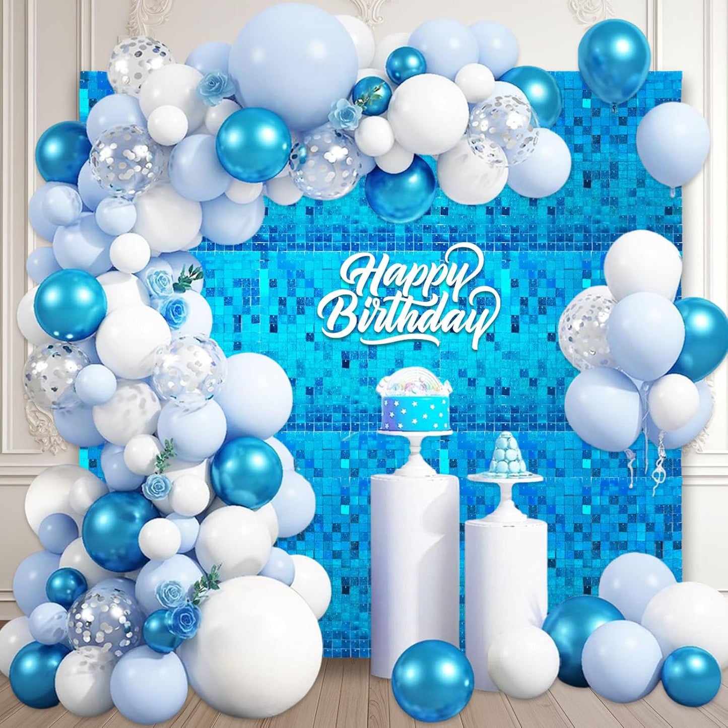 24PCS Lake Blue Shimmer Wall Backdrop, Laser Square Sequin Photo Backdrops Panel, Glitter Wall Background for Birthdays, Weddings, Christmas, Engagements, Disco Bachelorette Party Decoration (4FTx6FT)