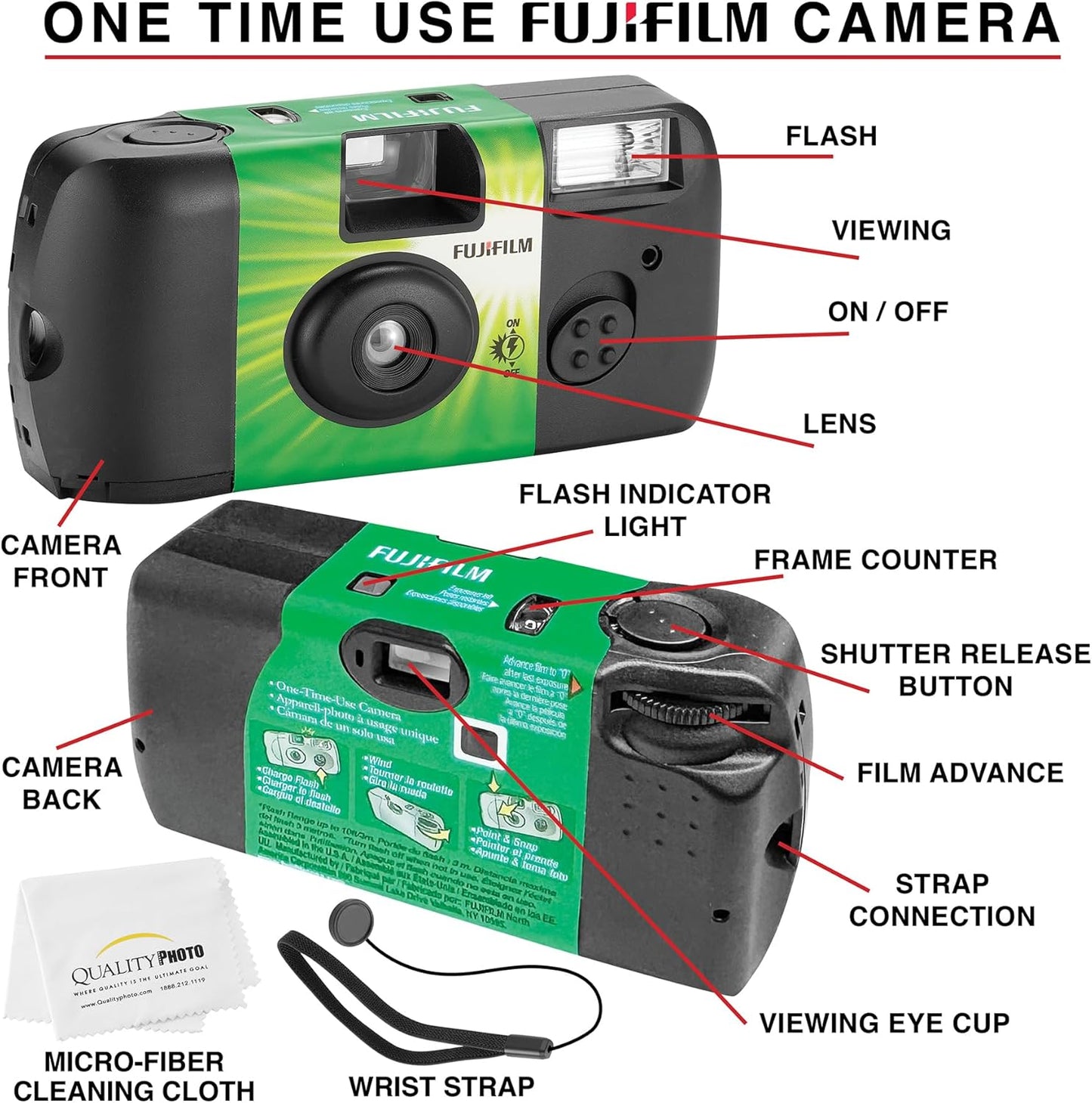 Fujifilm QuickSnap Flash 400 Disposable 35mm Camera + Hand Strap + Quality Photo Microfiber Cloth (20 Pack)