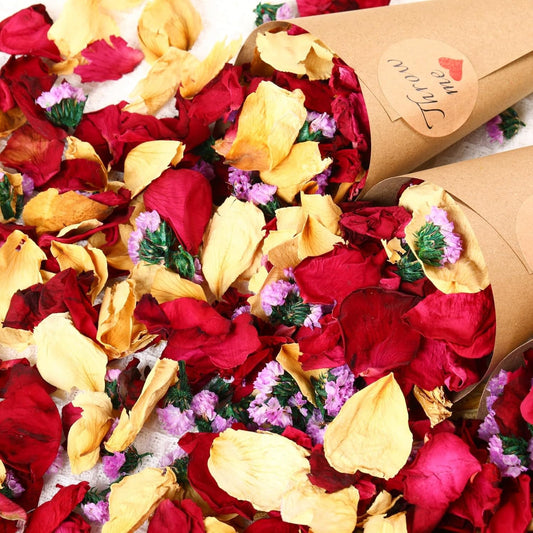 20+ Cups Real Dried Flower Petals, Biodegradable Wedding Flower Confetti, Mix Rose Petals and Purple Static Flowers for Engagement, Valentine's Day, Bath, Flower Girl Party Dinner Table Decor