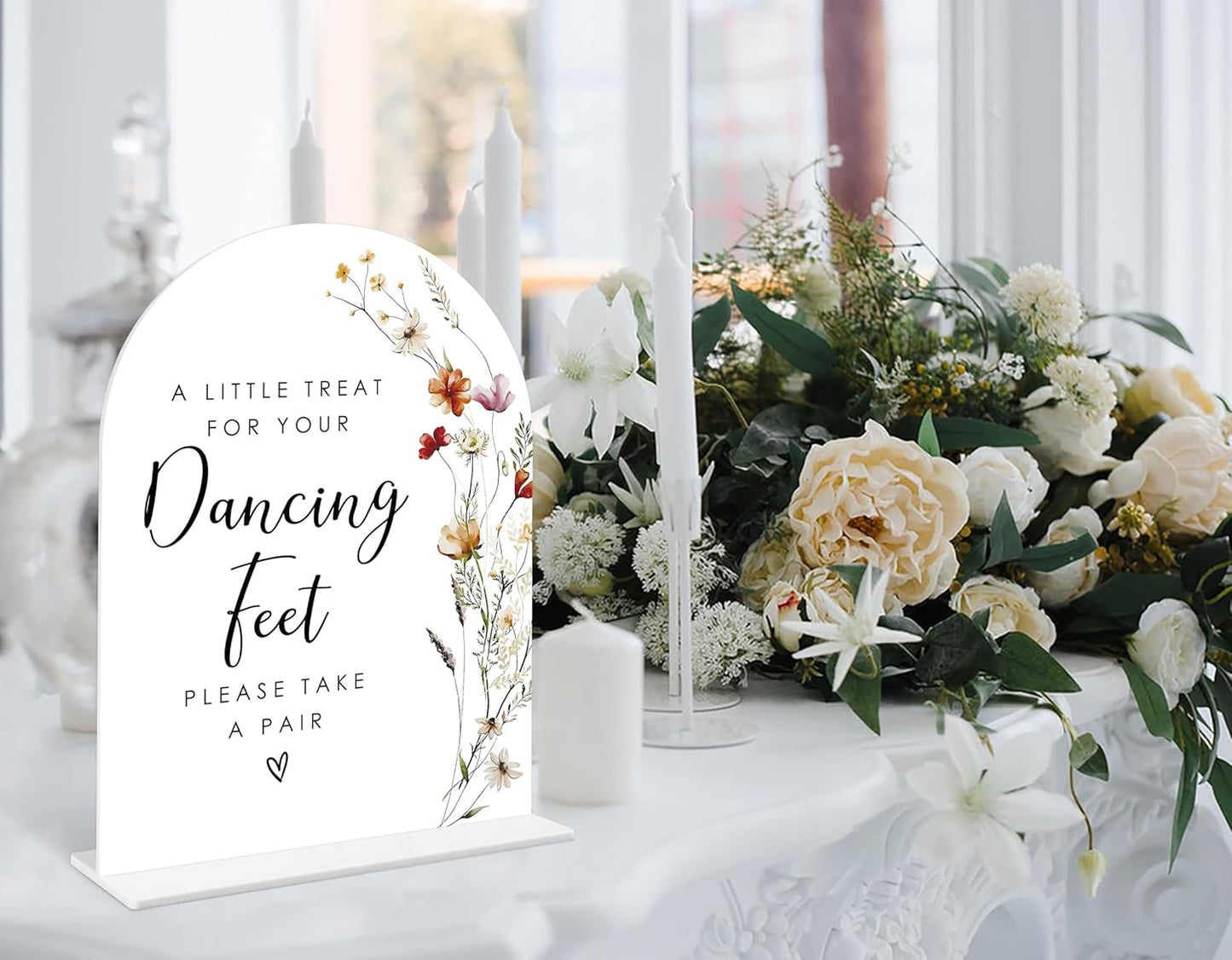 Boho Floral Dancing Feet Sign, 6 x 8 Inch White Arch Acrylic Wedding Sign with Holder, Wedding Sign for Ceremony and Reception, Wedding Decoration, Wedding Supplies - BX24