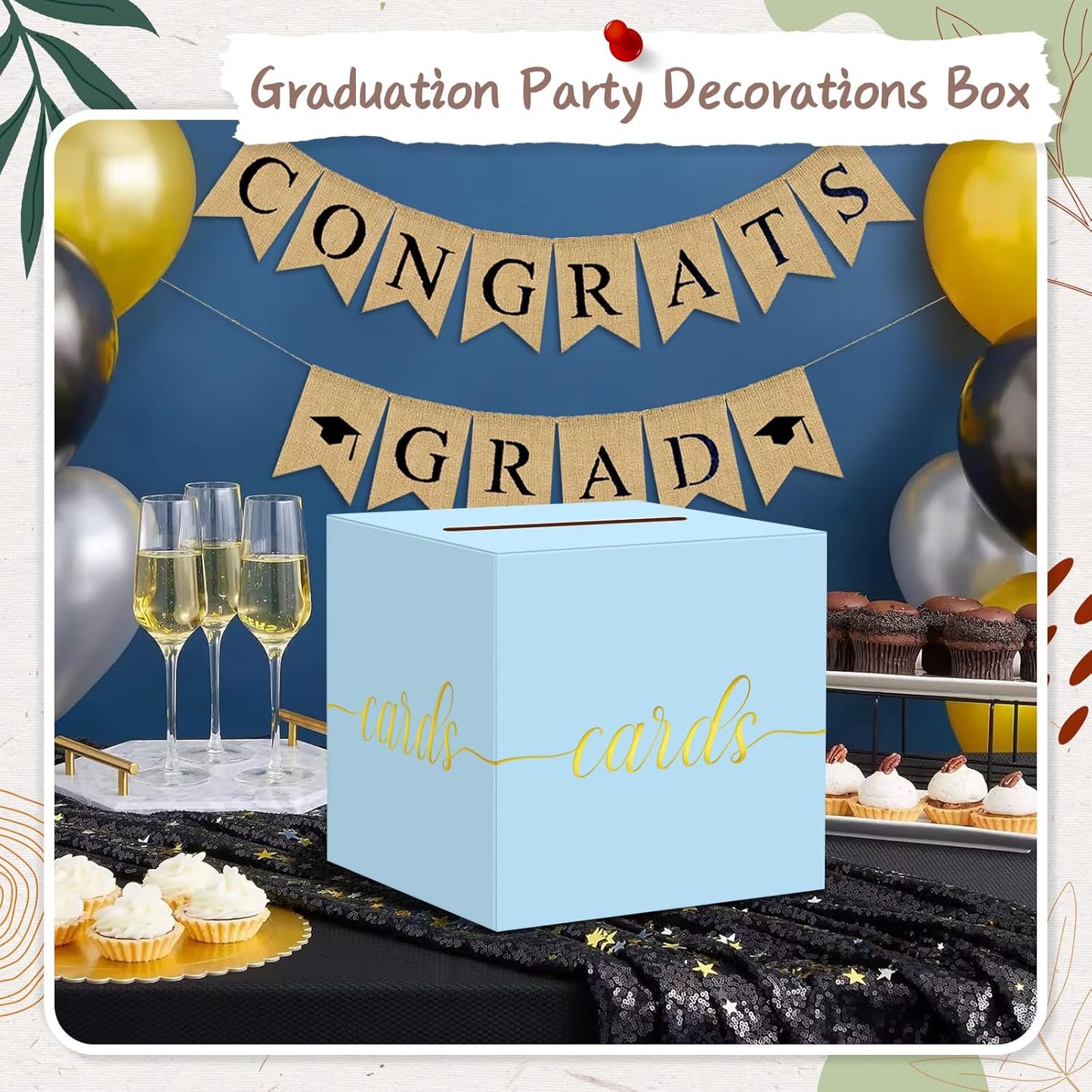 QIKSION Light Blue Wedding Card Box, Gold Foil Gift Card Box for Party, Wedding Reception, Birthday, Baby Shower, Raffle, Graduation