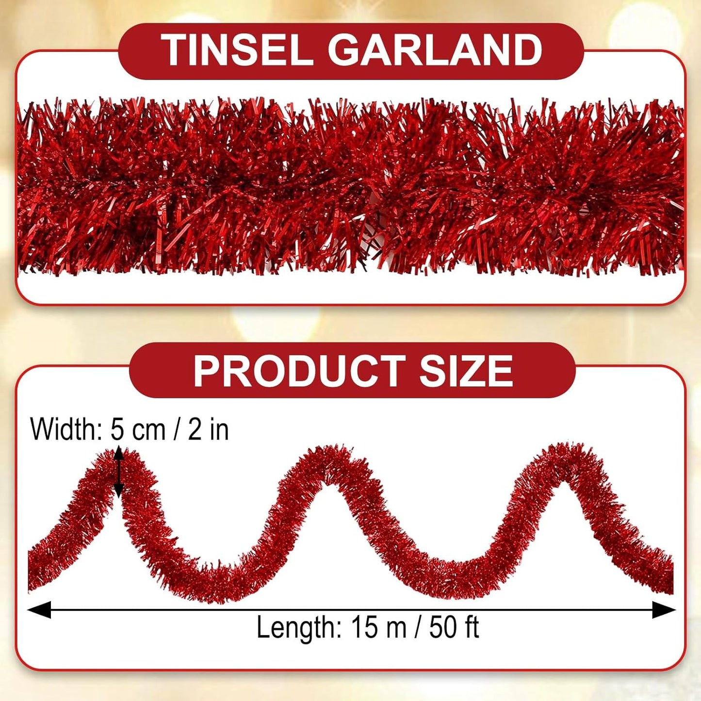 50 Feet Red Christmas Tinsel Garland, Metallic Foil Twist Garland Wall Hanging Tinsel Banner Backdrop for Parade Floats, Easter, Mother's Day, Wedding Party Decorations (2in x 50ft)
