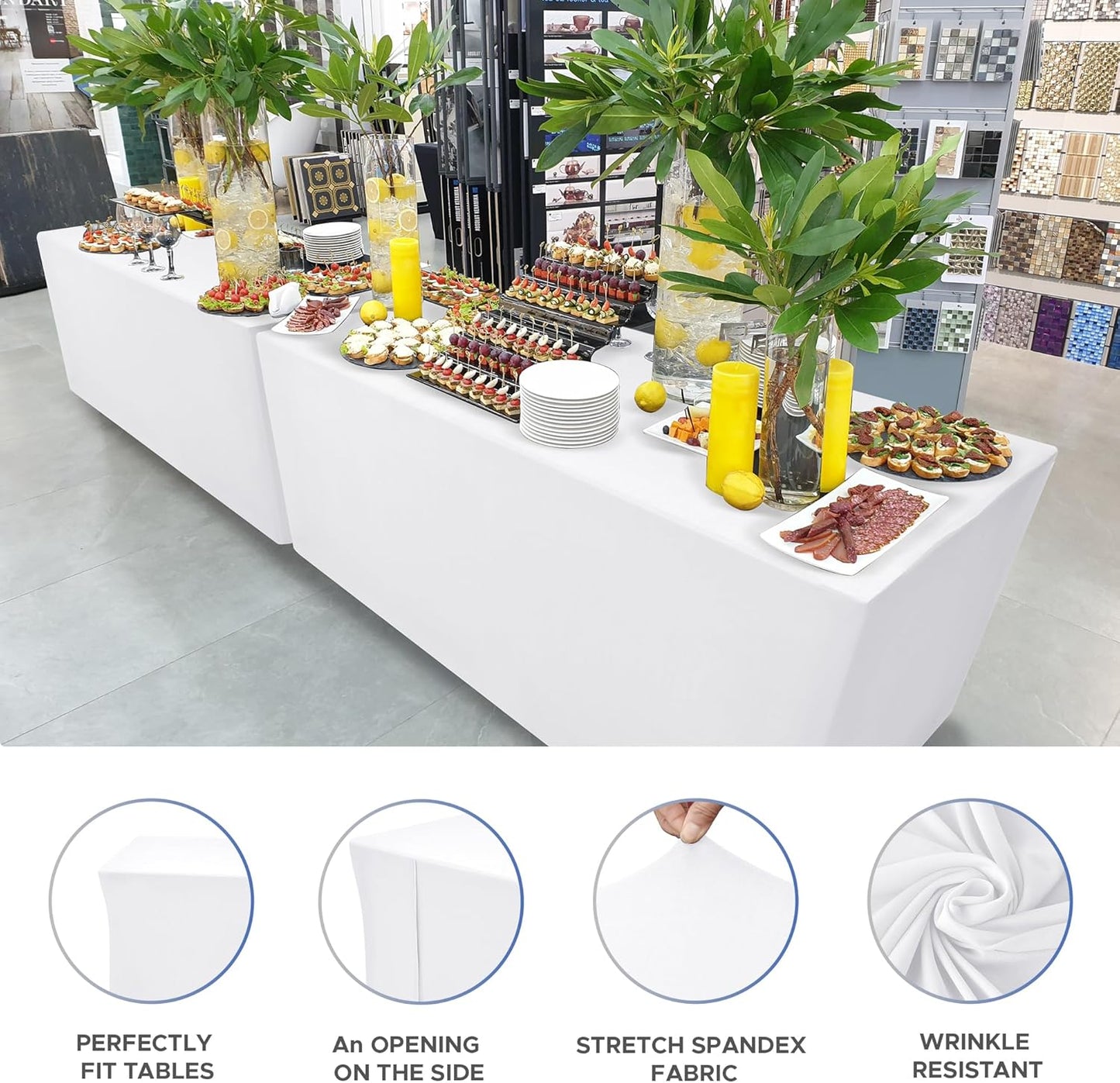 Nasitos White Fitted Table Covers for 5 Foot Tables - 60 x 30 Inch - 2 Pack Stretch Spandex Rectangle Table Clothes, Fabric Tablecloths for Parties, Trade Show, Craft Show, Birthday