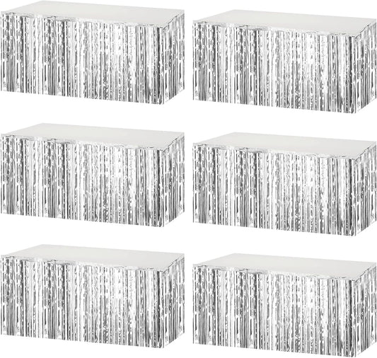 6 Pack 29x108 Inch Metallic Foil Fringe Tinsel Table Skirts Banner for Rectangle Tables Streamer Garland Curtains Backdrop for Wedding, Birthday, Parade Floats, Christmas Party Decoration(Silver)