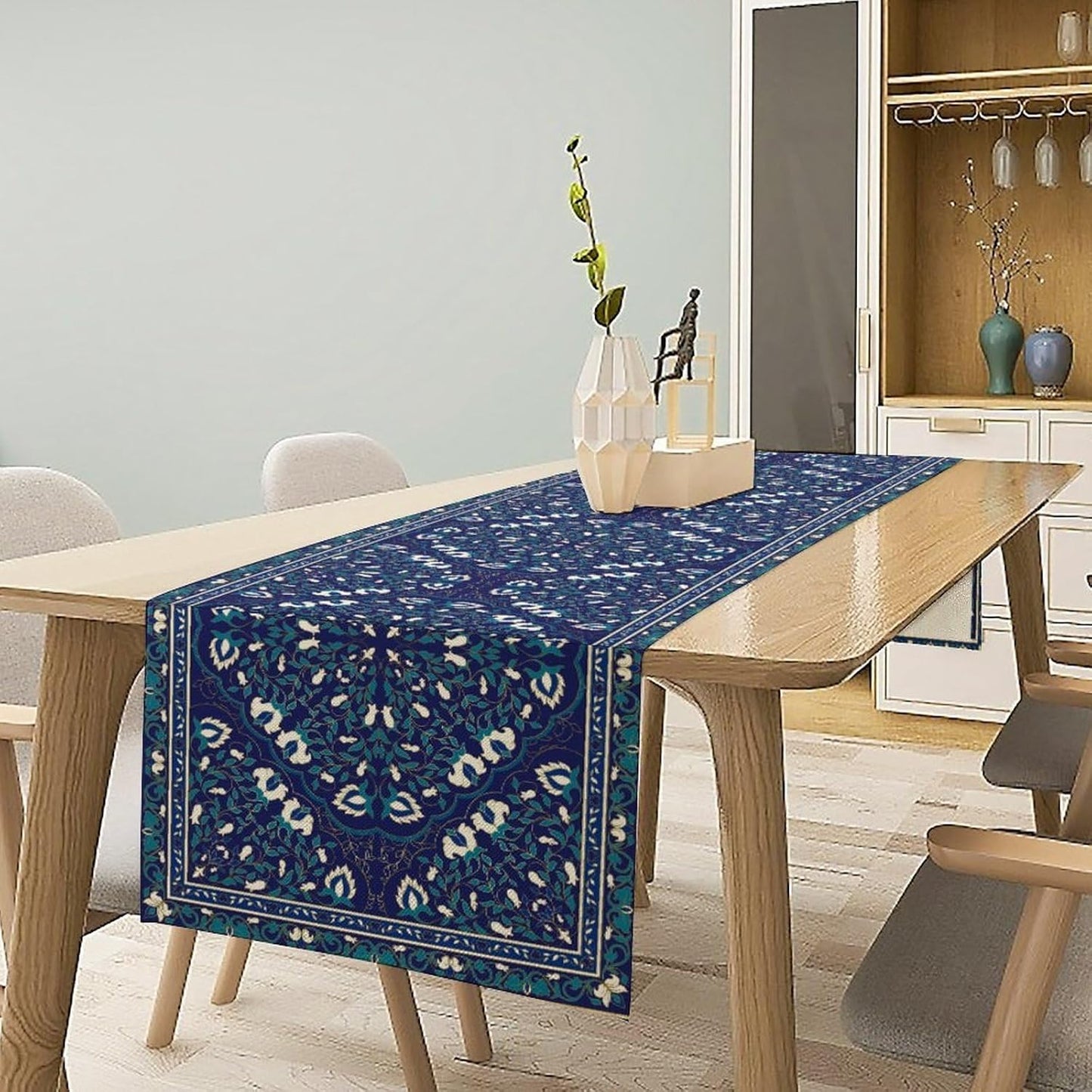 Boho Floral Vintage Table Runner, Retro Morris Abstract Blue Flower Rustic Country Farmhouse Pattern for Home Kitchen Table Decor Dining Coffee Room Wedding Party Decor 13x90in
