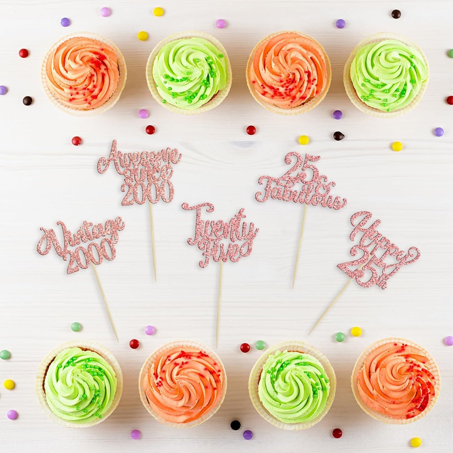 30Pcs Vintage 2000 Cupcake Toppers Glitter Twenty-Five 25 Fabulous Happy 25th Birthday Cupcake Picks Awesome Since 2000 Cake Decorations for 25th Birthday Retirement Party Supplies Rose Gold