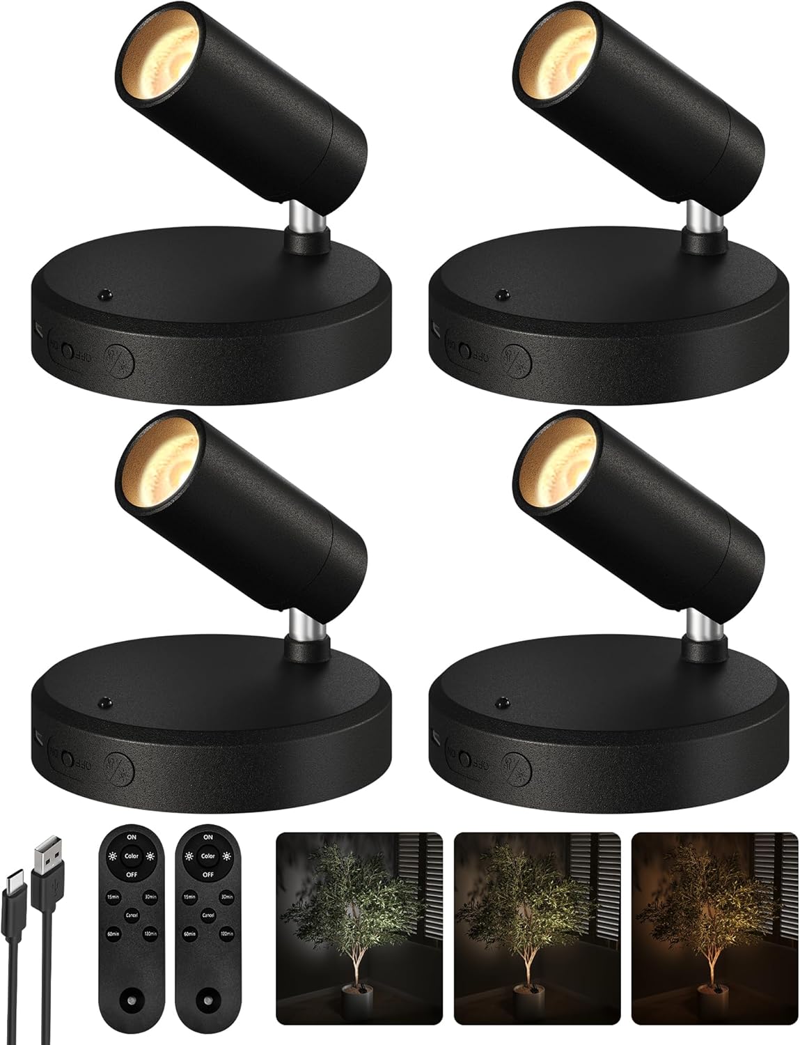 EZVALO Spotlights Indoor with Remote,5500mAh Rechargeable Picture Lights, Wireless LED Uplighting with Timer＆Dimmable, 3CCT,Mini Plant Spot Lights for Painting,Artwork,Accent Lighting(4Pack-Black)
