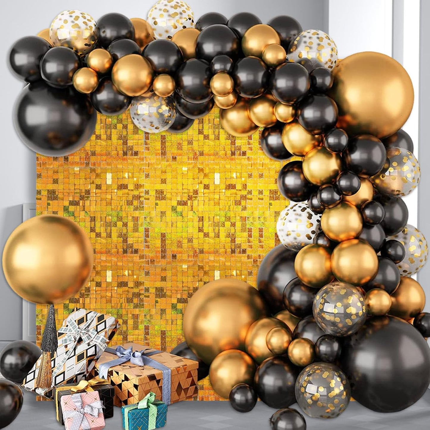 12PCS Gold Shimmer Wall Backdrop, Laser Square Sequin Photo Backdrops Panel, Glitter Wall Background for Birthdays, Weddings, Christmas, Engagements, Disco Bachelorette Party Decoration (3FTx4FT)