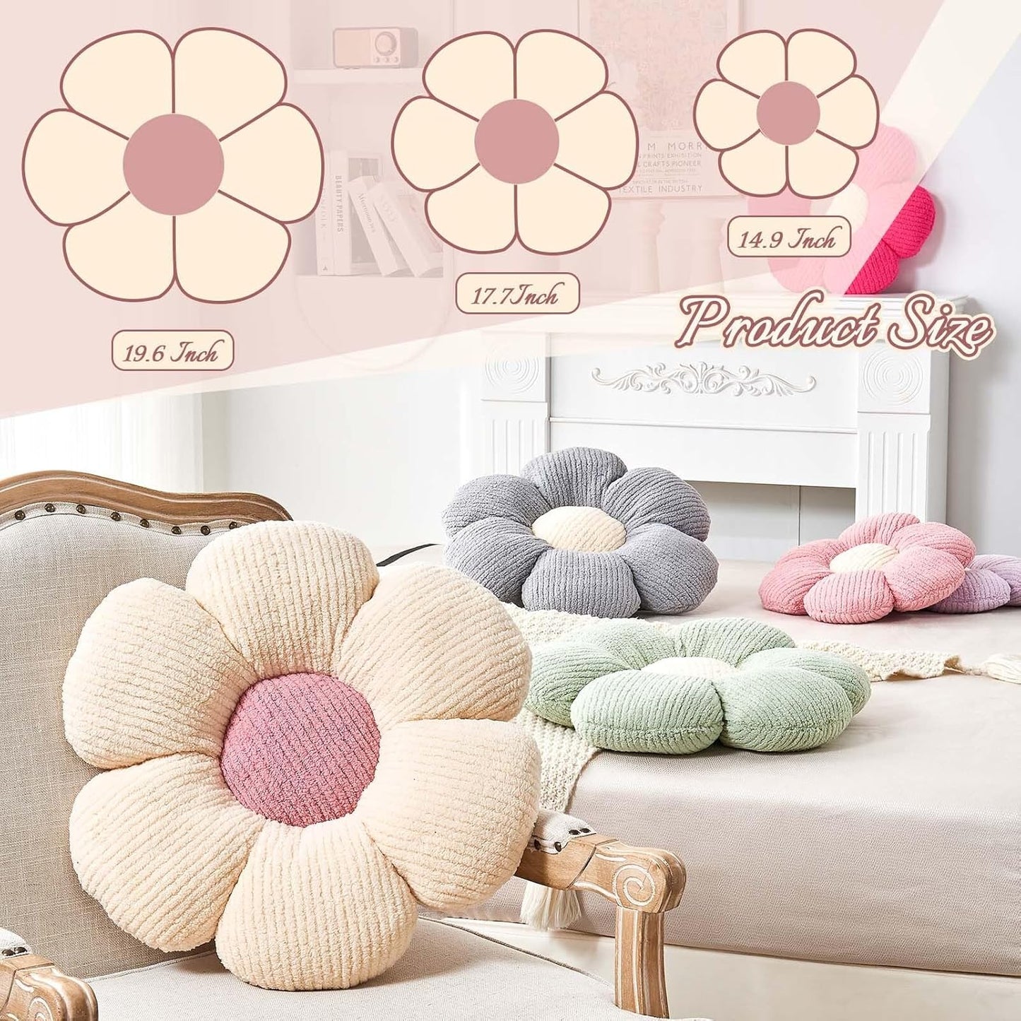 Soft White Pink 17.7" Flower Pillow for Home Decor, Cute Shaped Floor Pillow Aesthetic Plush Decorative Pillow for Bed Sofa Couch