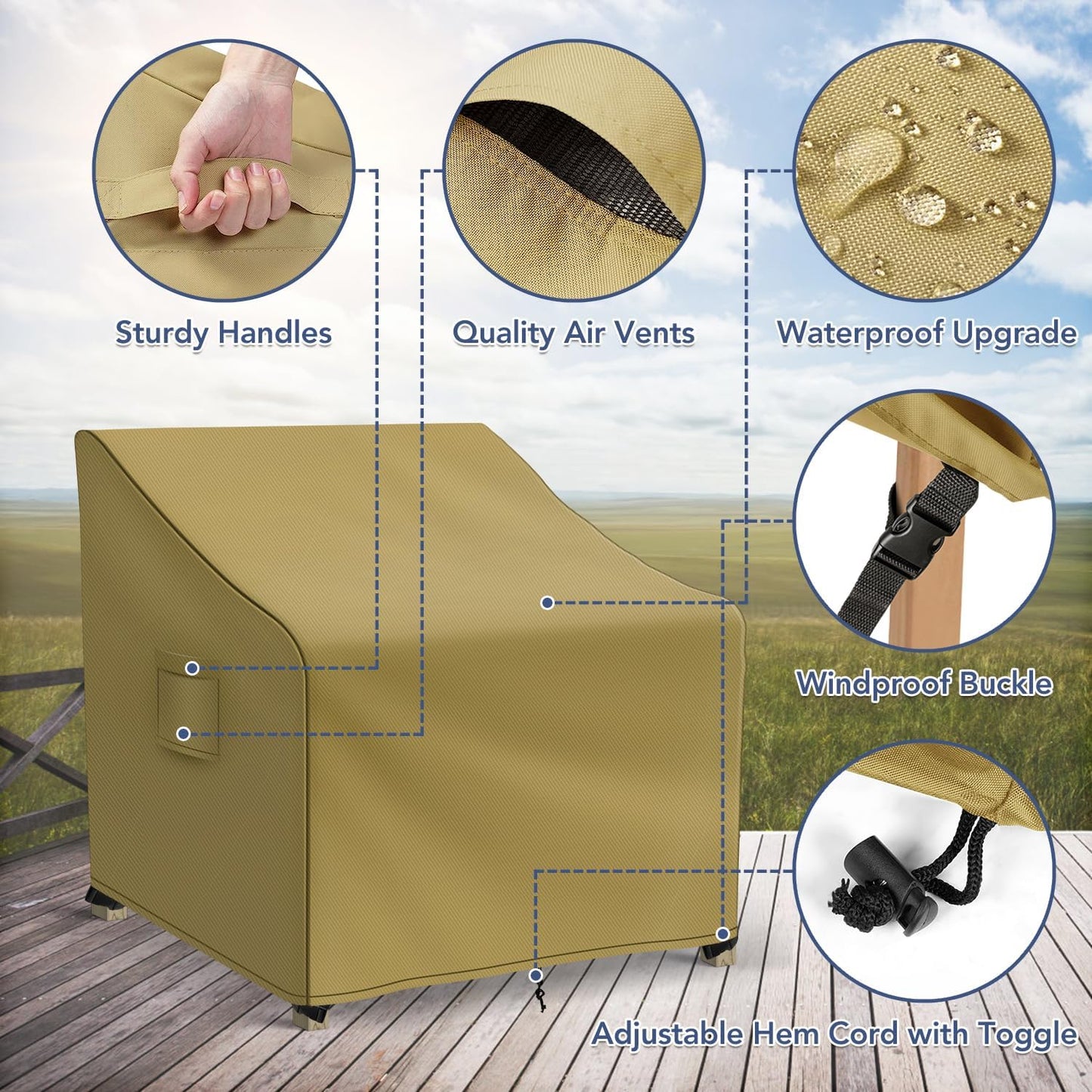 Patio Furniture Covers Waterproof for Chairs, Lawn Outdoor Chair Covers 2 Pack, Patio Chair Covers for Outdoor Furniture Fits up to 37W x 40D x 30H inches, Khaki
