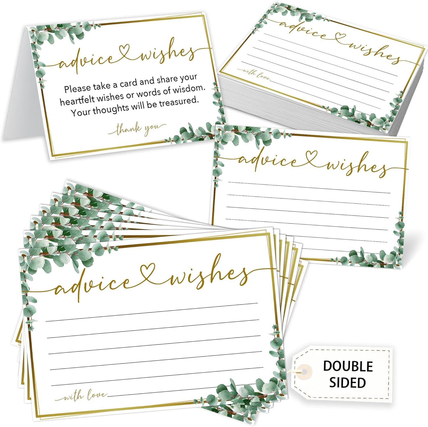 50 Advice and Wishes Cards, Double Sided Fill-In Advice Cards For Bridal, Wedding, Graduate Party, Mr & Mrs, Retirement, Baby Shower, Party Favor & Supplies, 4x6 inches Eucalyptus -A06
