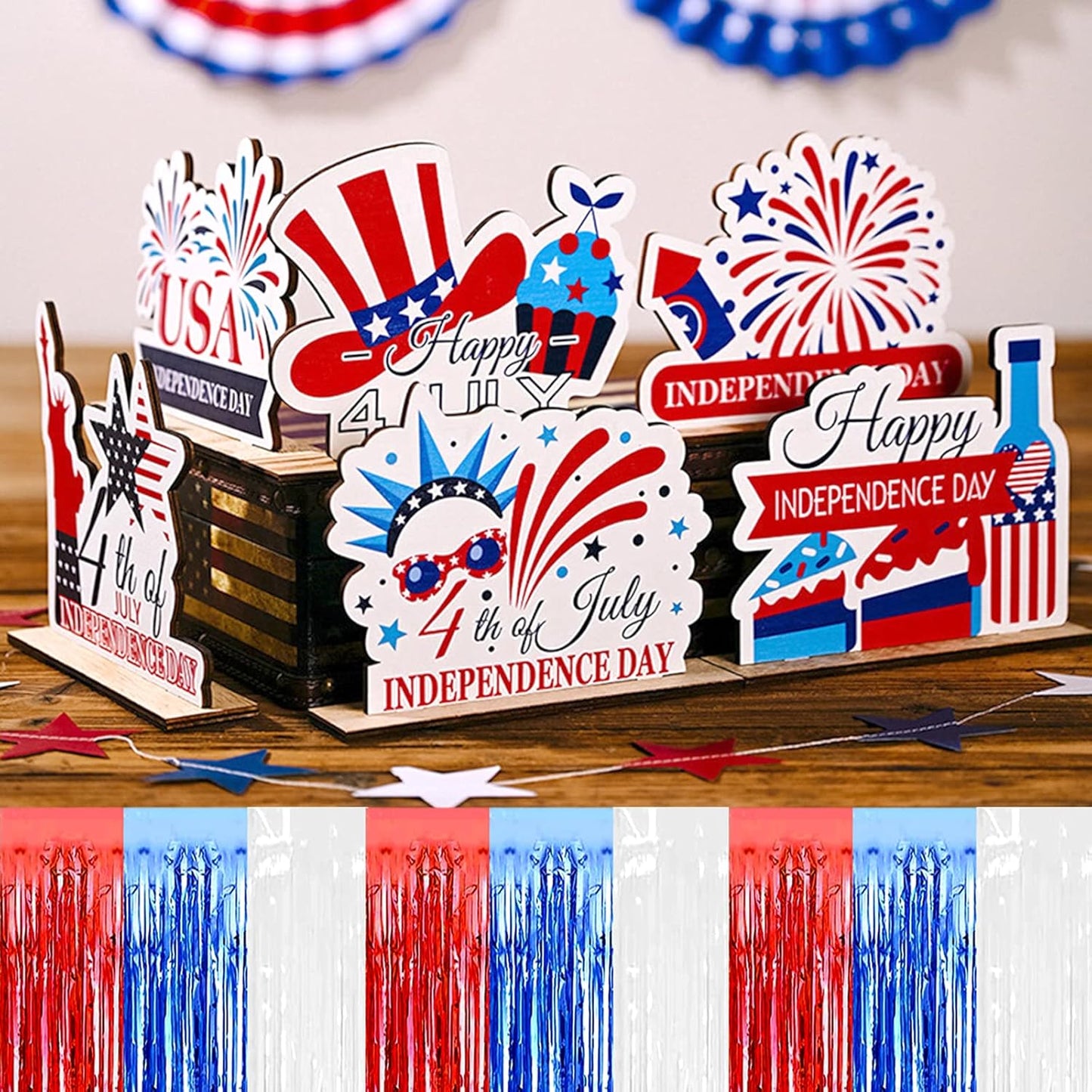 6 Pack 29x108 Inch Red Blue White Metallic Foil Fringe Tinsel Table Skirts for Rectangle Tables Streamer Curtains Backdrop for Wedding, Birthday, Parade Floats, Independence Day Party Decoration