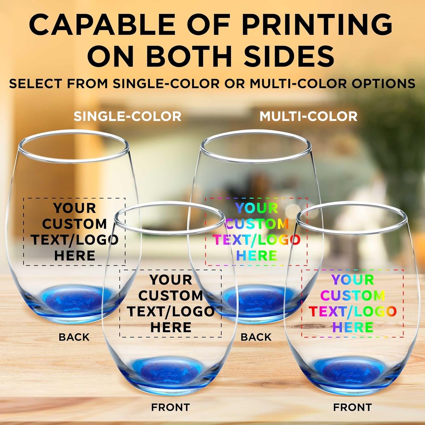 Custom Stemless Wine Glass 9 oz. Set of 100, Personalized Bulk Pack - Great for Wedding Favors, Bachelorette Party Decorations, Party Favors, Color Bottom - Blue
