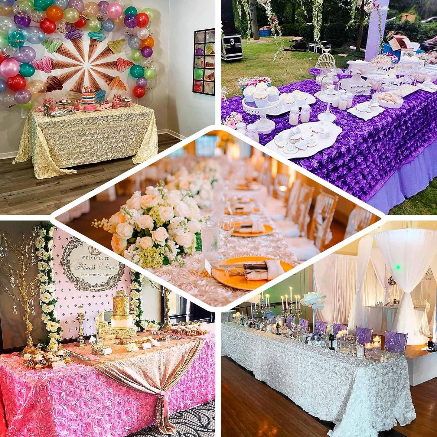 Efavormart 90"x132" Wholesale Rectangle Table Cover Ivory Grandiose Rosette 3D Satin Tablecloth for Wedding Party Event Decoration