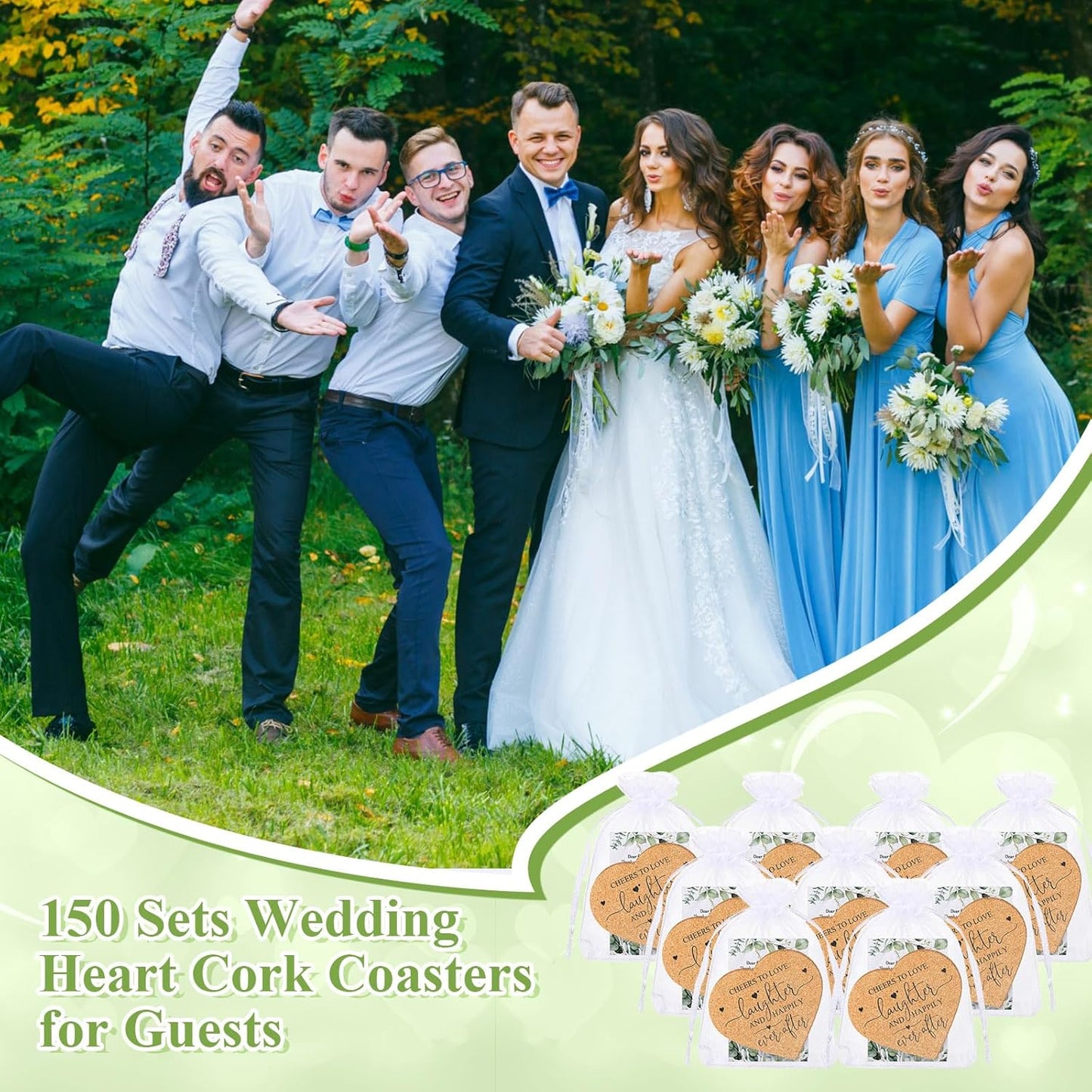 Uiifan 150 Set Wedding Favors for Guest Coaster Gifts Bulk Heart Shaped Coasters Thank You Cards Organza Bags Guest Souvenirs for Wedding Party Bridal Favors