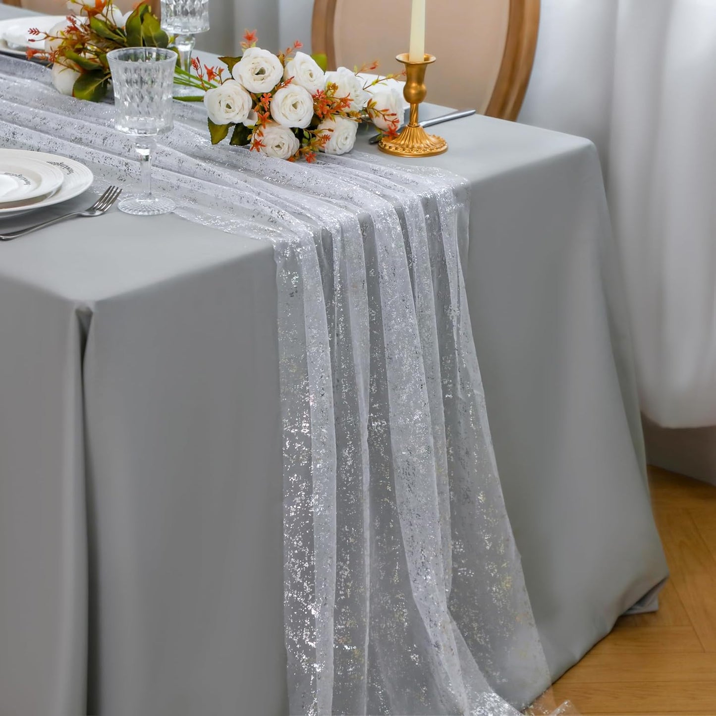 Snowkingdom 10 Pcs 10 FT Silver Table Runners, Sheer Chiffon Gauze Cheesecloth Runner, Sequin Glitter Silver Party Table Decoration Centerpieces for Wedding Christmas Birthday Bridal Baby Shower
