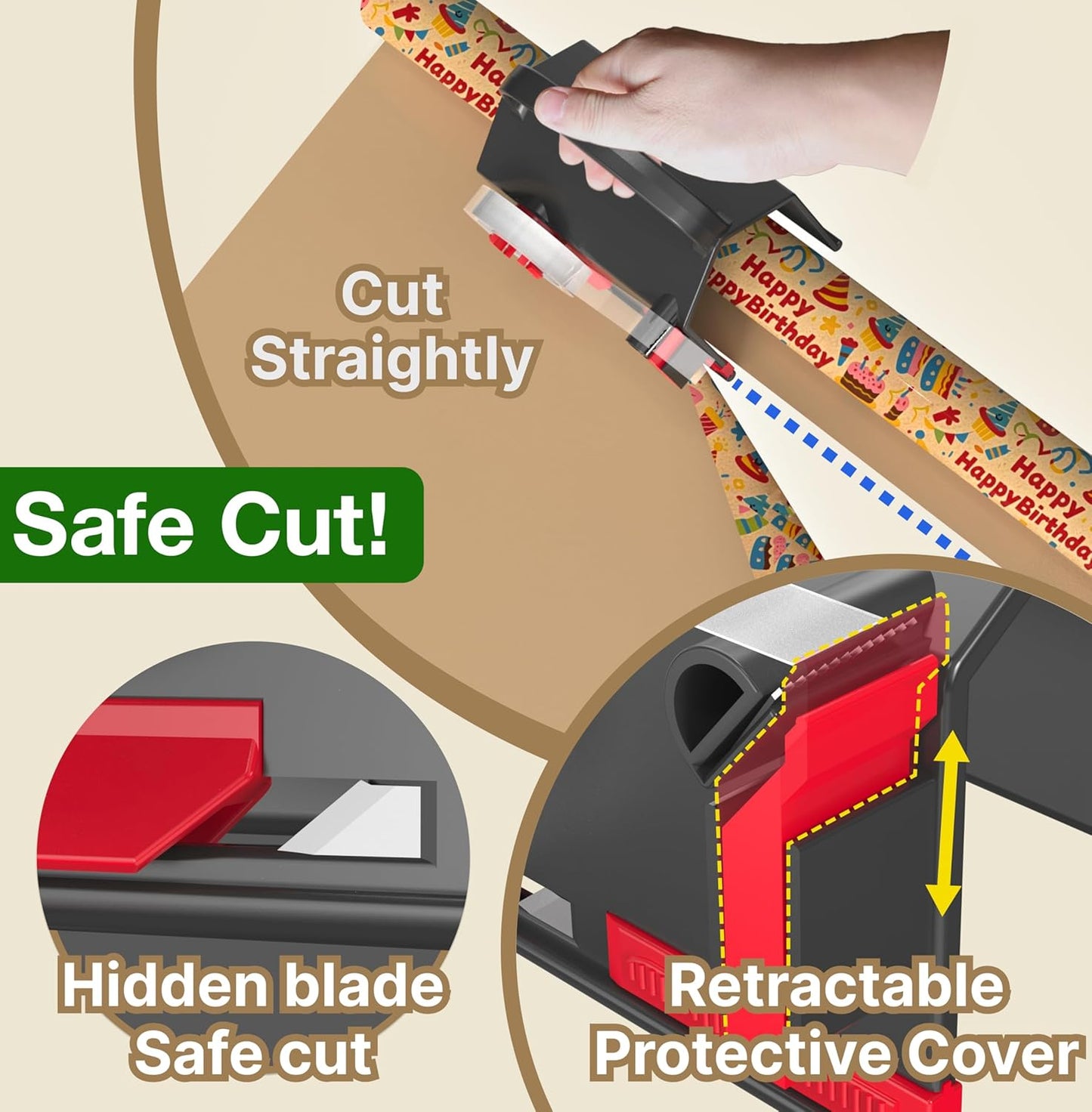 (2-Pack) Wrapping Paper Cutter & Tape Dispenser Dual Use with 4 Tapes，2 Replace Blades Kit for Christmas Gift Wrap Cutter Tool Paper Roll Holder Tube Sliding Slicing for Birthday Holiday.