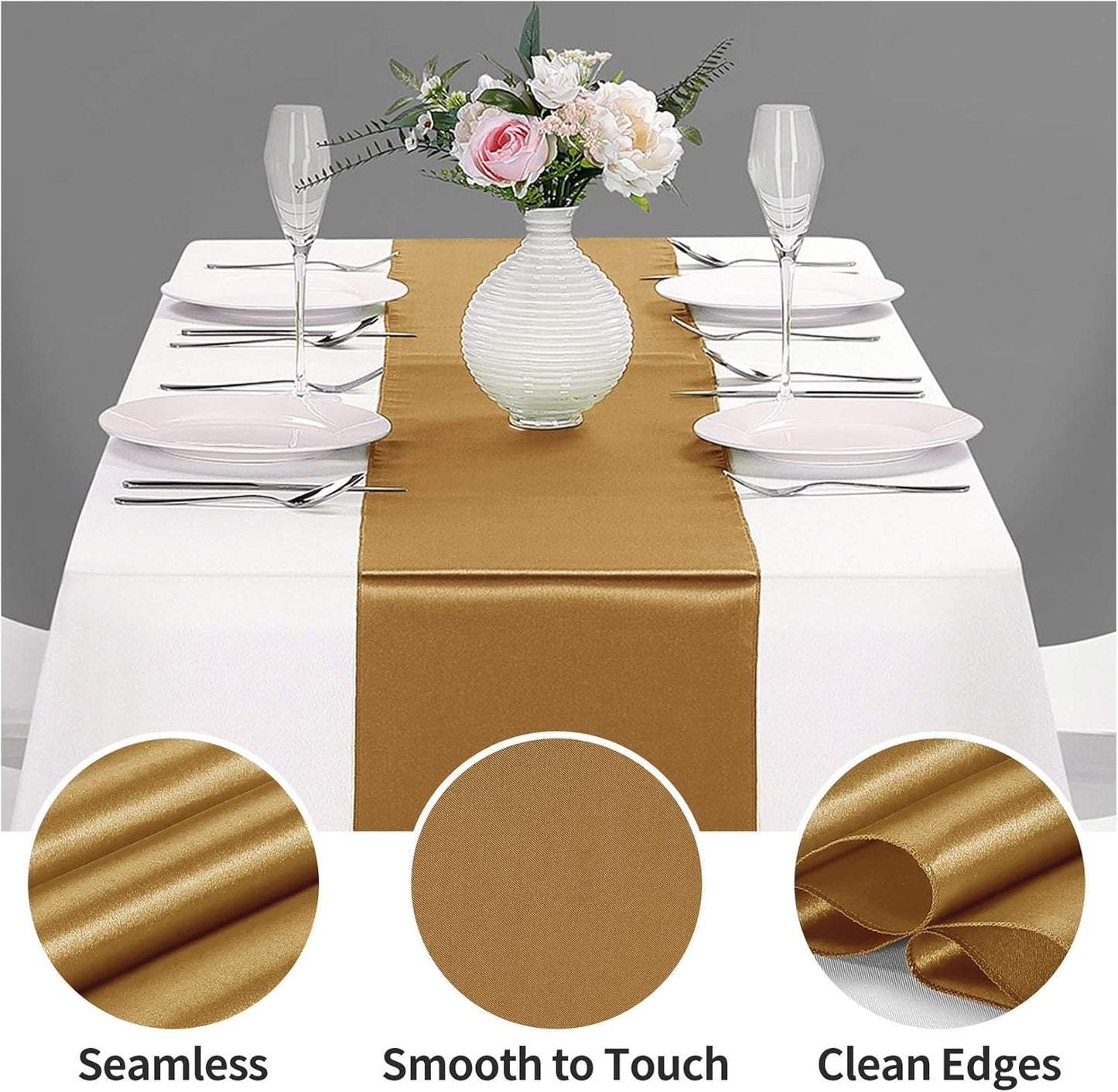 5-Pack Satin Table Runner Old Gold 12 x 108 inches Long, Table Runners for Wedding, Birthday Parties, Banquets Decorations（5 Pack, 12x108 Inch, Old Gold）