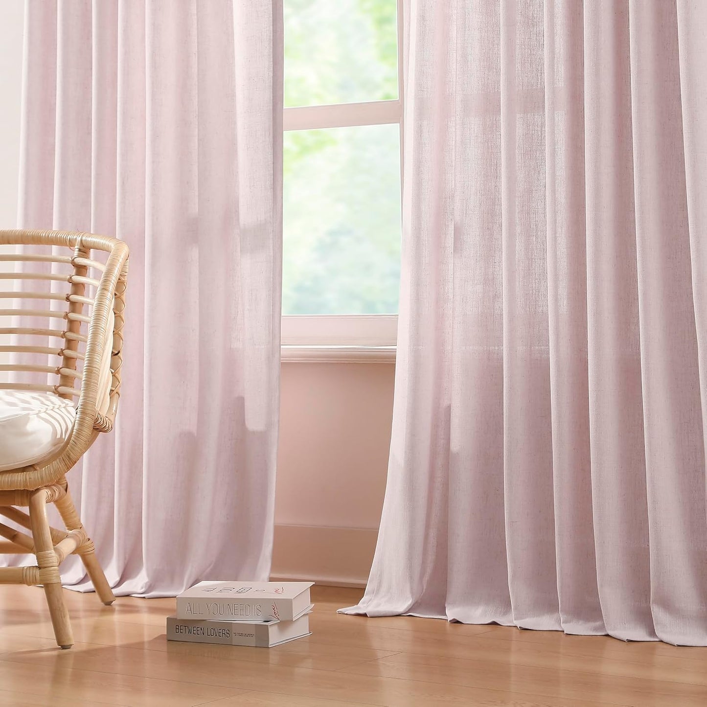 Vision Home Soft Pink Pinch Pleated Semi Sheer Curtains Textured Linen Blended Light Filtering Window Curtains 90 inch for Living Room Bedroom Pinch Pleat Drapes with Hooks 2 Panels 40" Wx90 L