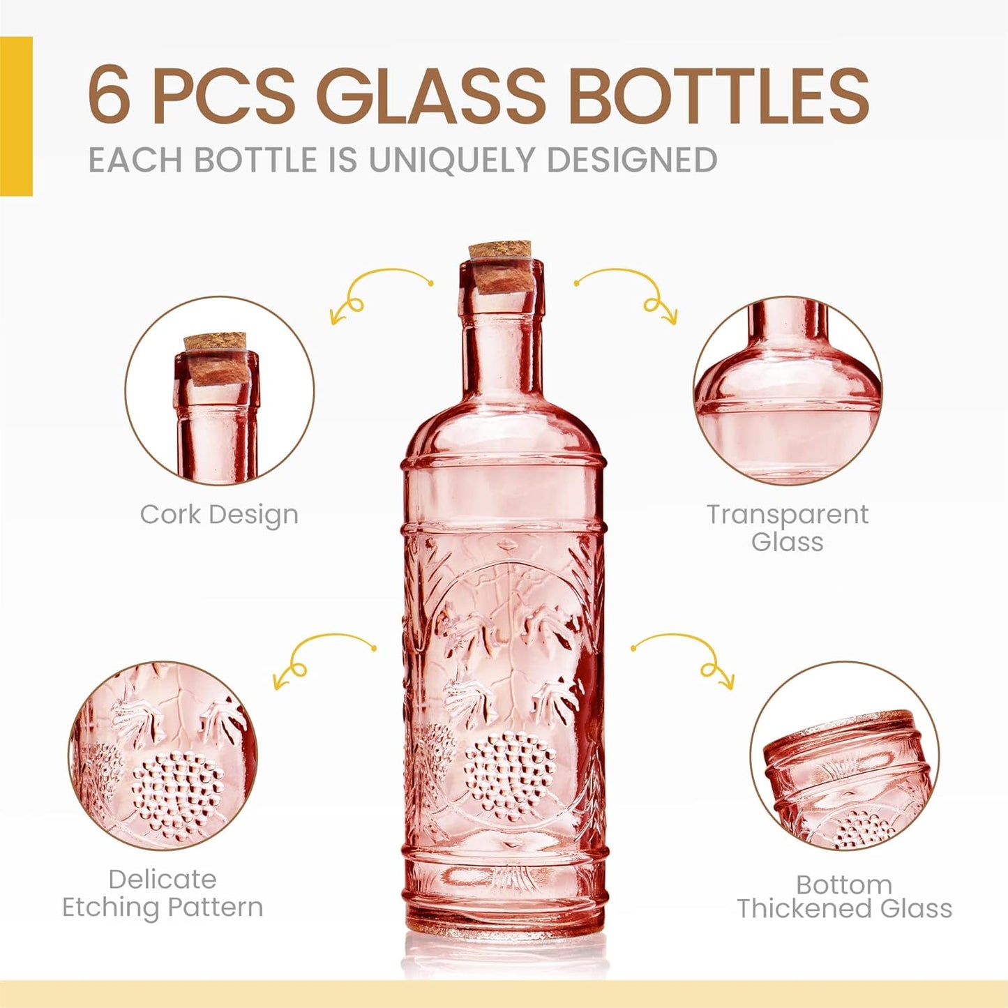 Assorted Reddish Glass Bottles with Corks, 6 Pack, 2.5in X 9in, 16oz