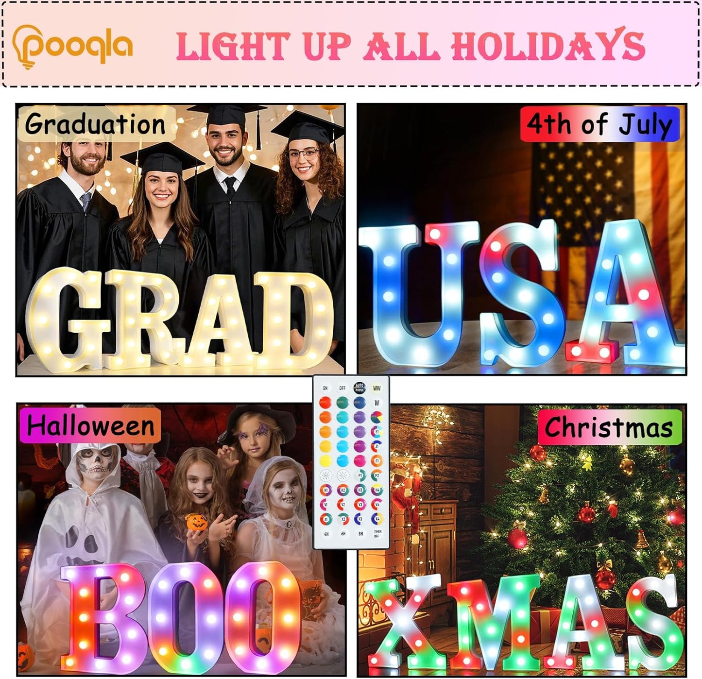Pooqla Colorful Light Up Letters with Remote, Upgraded 35 Colors LED Marquee Letters, RGB Lighted Letter for Girls Teenager Gift, Birthday, Party, Wedding, Night Light, Room, Bedroom Decor, Letter J