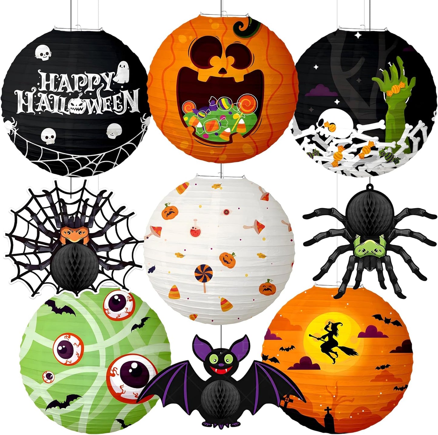 KatchOn, Halloween Paper Lanterns & Honeycomb Set – Pack 9 | Hanging Halloween Decorations Indoor, Outdoor | Spooky Hanging Decorations | Halloween Honeycomb for Halloween Party Decorations