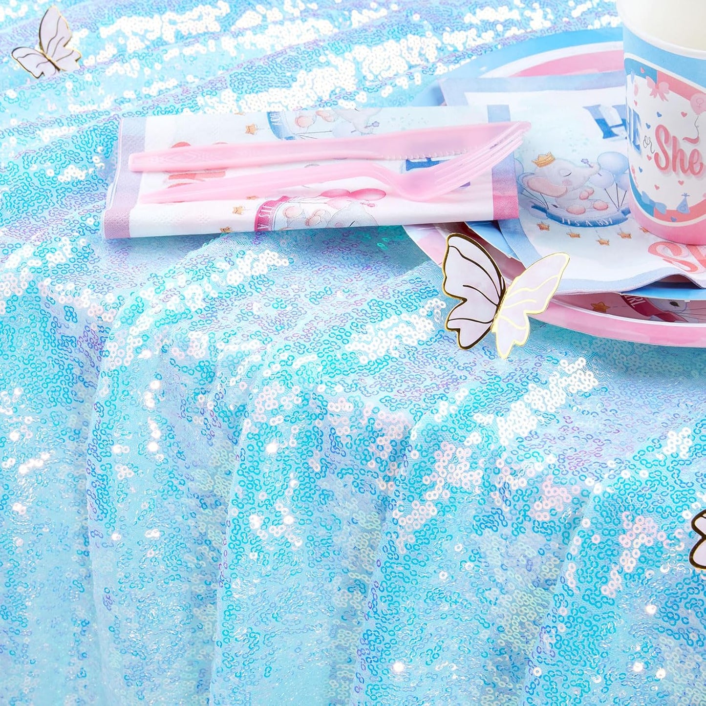 QueenDream Mermaid Blue Tablecloth 90x156 Inches Rectangle Tablecloths Sequin Iridescent Disco Party Decorations