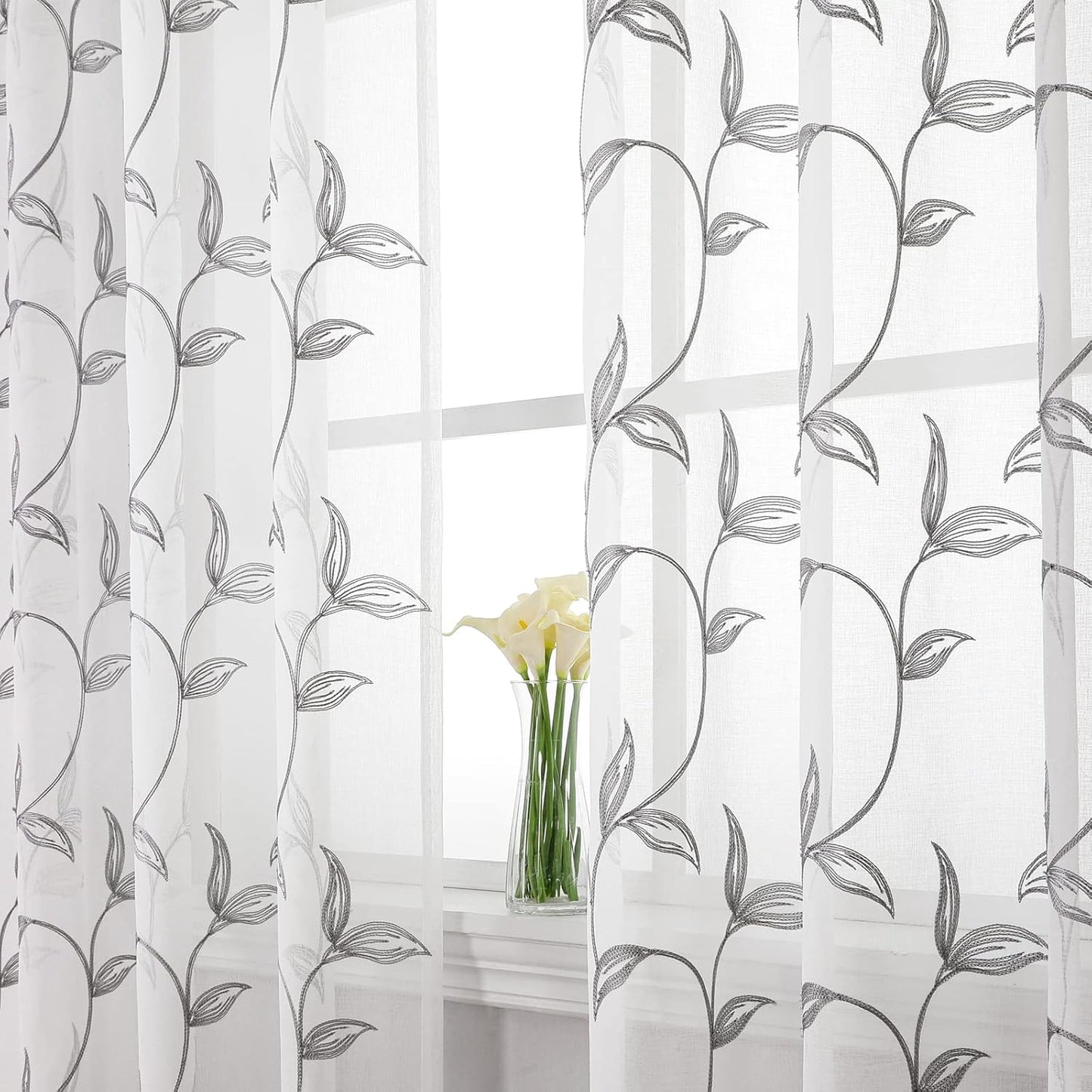 VISIONTEX Sheer Curtains 72 Inch Length 2 Panels, Decor Iron Grey Vine Leaves Embroidery on White Voile Pair, Accent Semi Window Drapes for Kitchen, Living Room and Bedroom, 54" W x 72" L
