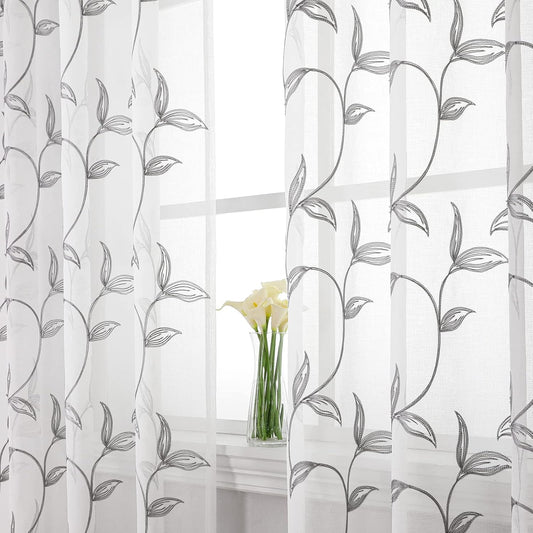 VISIONTEX Sheer Curtains 72 Inch Length 2 Panels, Decor Iron Grey Vine Leaves Embroidery on White Voile Pair, Accent Semi Window Drapes for Kitchen, Living Room and Bedroom, 54" W x 72" L