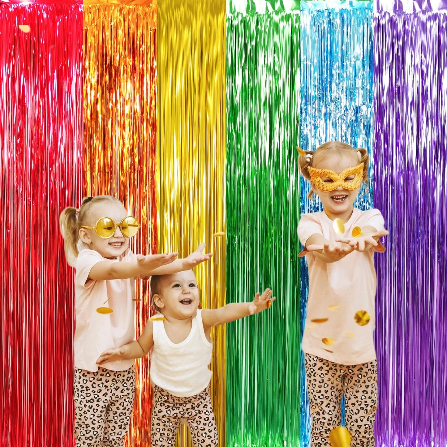 GOER 3.2 ft x 8.2 ft Metallic Tinsel Foil Fringe Curtains Party Photo Backdrop Party Streamers for Birthday,Graduation,New Year Eve Decorations Wedding Decor (4 Packs,Rainbow Colors)