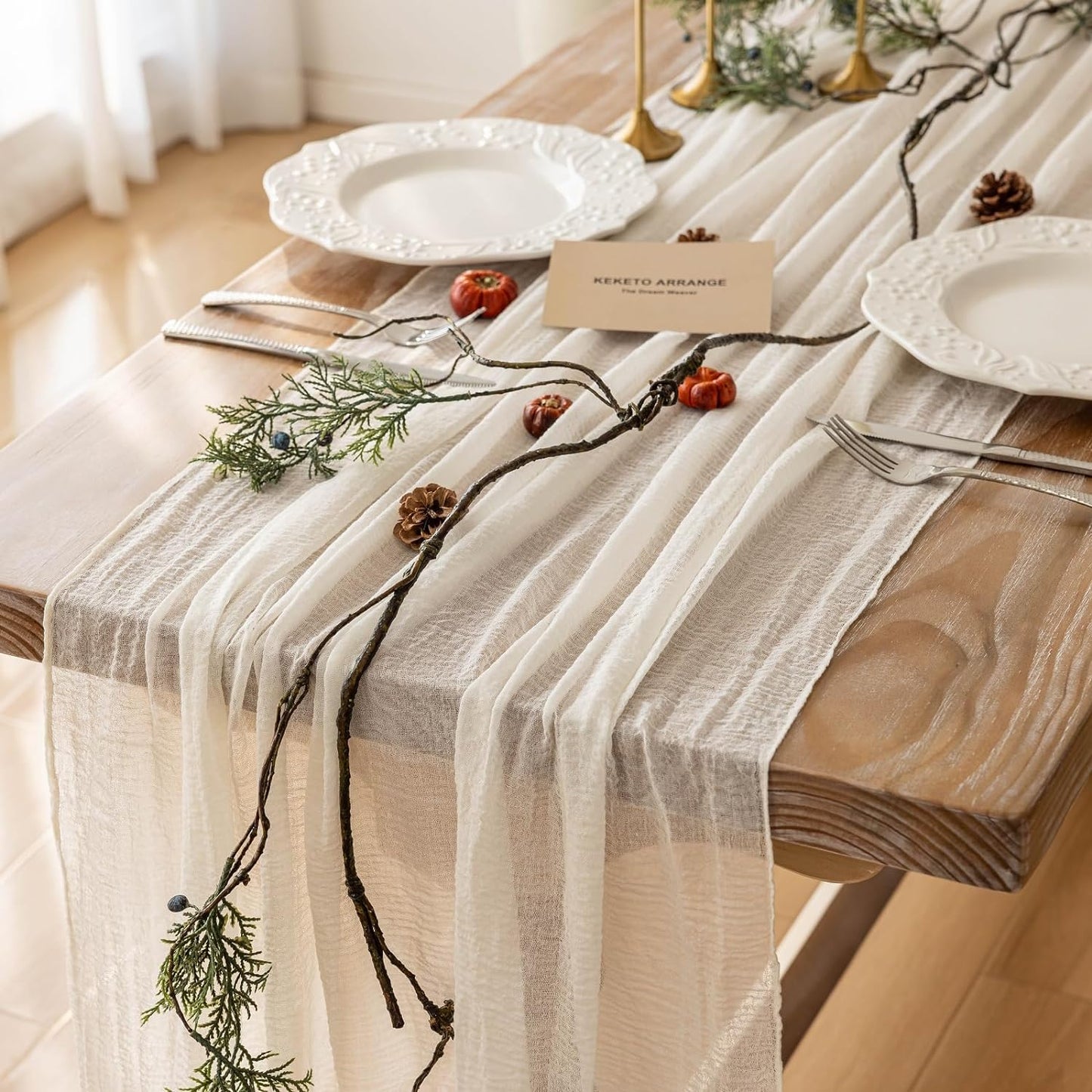 6pcs Ivory Gauze Rustic Cheesecloth Table Runner 120 Inch 10 FT for Wedding Baby Shower Bridal Shower Birthday Engagement Garden Outdoor Party Long Sheer Boho Decorations