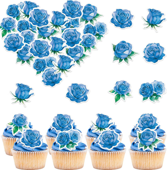 48PCS Edible Rose Flower Cupcake Toppers Wafer Paper Roses Decorations Flower Birthday Party Decorations Rose Cake Toppers for Wedding Engagement Birthday Party Cake Decor Supplies (Blue)