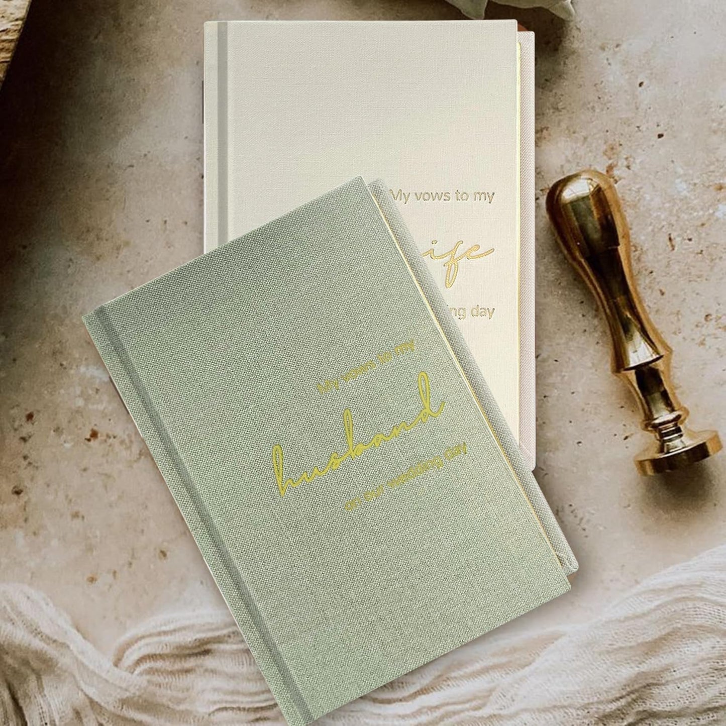 WeddingGiftsWedding Vow Books His and Hers Set of 2 Canvas Linen Wedding Vow Books Husband and Wife Hard Cover Vow Books for Engagement Gifts(XZ-HW-Sage)