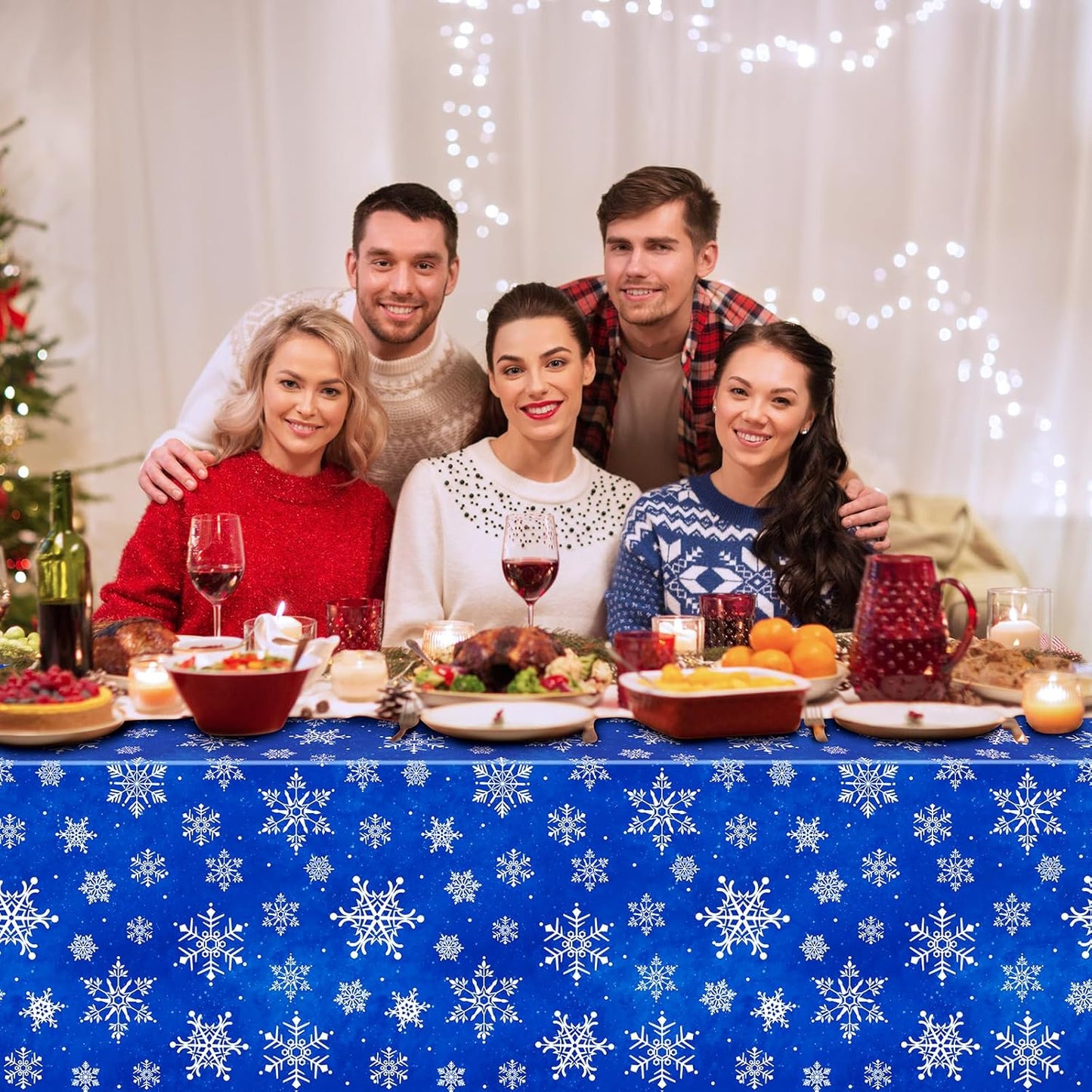 Jectivs 3 Pieces Christmas Snowflake Plastic Party Tablecloth Decorations,White Snowflake Blue Xmas Backdrop Sign Table Cover Banner for Winter Christmas Holiday Party Supplies,54x108 inch (Blue)