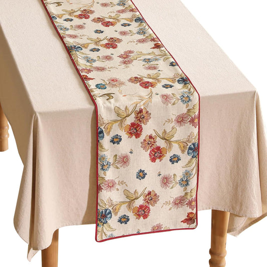 patdrea Designer Farmhouse Linen Thick Table Runner, Rustic Cottage Beige with Floral Pattern Fabric Table Mat, Decoration for Kitchen Dining Thanksgiving New Year Banquet Christmas, 12"*87"