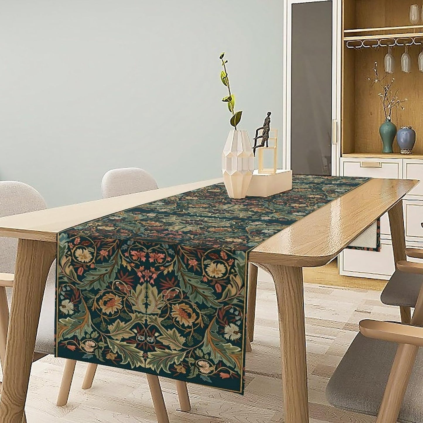 Green Morris Floral Table Runner, Boho Rustic Country Farmhouse Teal Red Rose Pattern for Home Kitchen Table Decor Dining Coffee Room Party Decor 13x36in