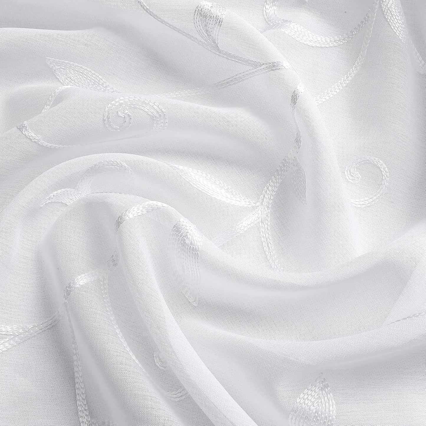 VISIONTEX White Leaves Sheer Voile Curtains, Decorative Embroidery Rod Pocket Window Drapes for Home Living Room and Bedroom 54 x 72 Inch, Set of 2 Curtain Panels