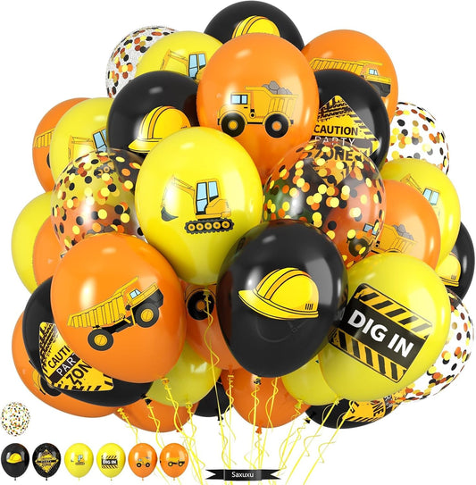 Construction Balloons, 12 Inch Black Yellow Orange Truck Printed Confetti Balloons for Boy Birthday Party Supplies Excavator Baby Shower Truck Themed Party Decoration Backdrop