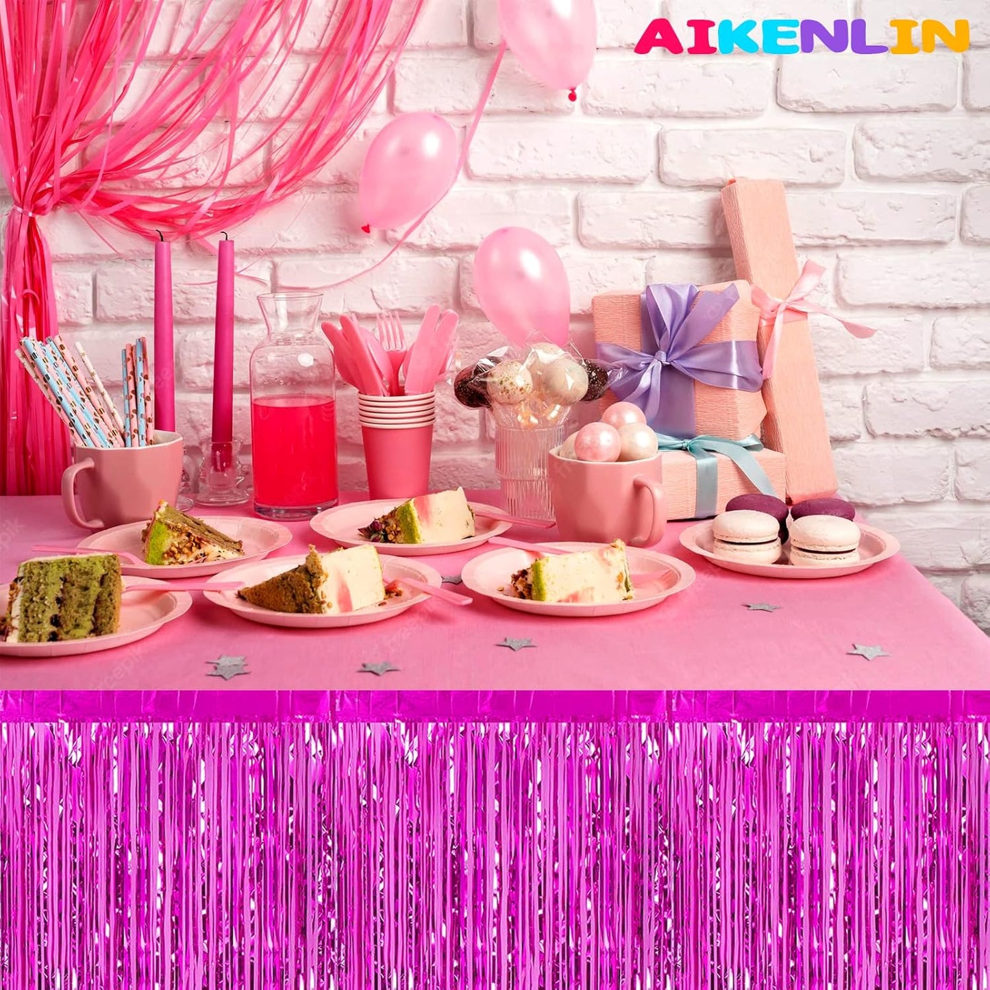 6 Pack 29x108 Inch Metallic Foil Fringe Tinsel Table Skirts Banner for Rectangle Tables Streamer Garland Curtains Backdrop for Wedding, Birthday, Parade Floats, Christmas Party Decoration(Fuchsia)