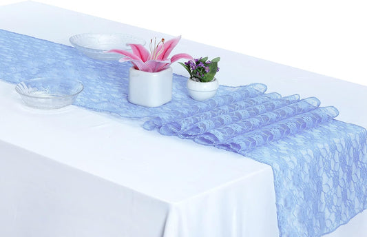 MDS Pack of 25 Wedding 12 x 108 inches Lace Table Runner for Wedding, Decorations for Birthday Parties, Banquets, Graduations, Engagements, and Runners fit Rectangle, Round Table- Baby Blue