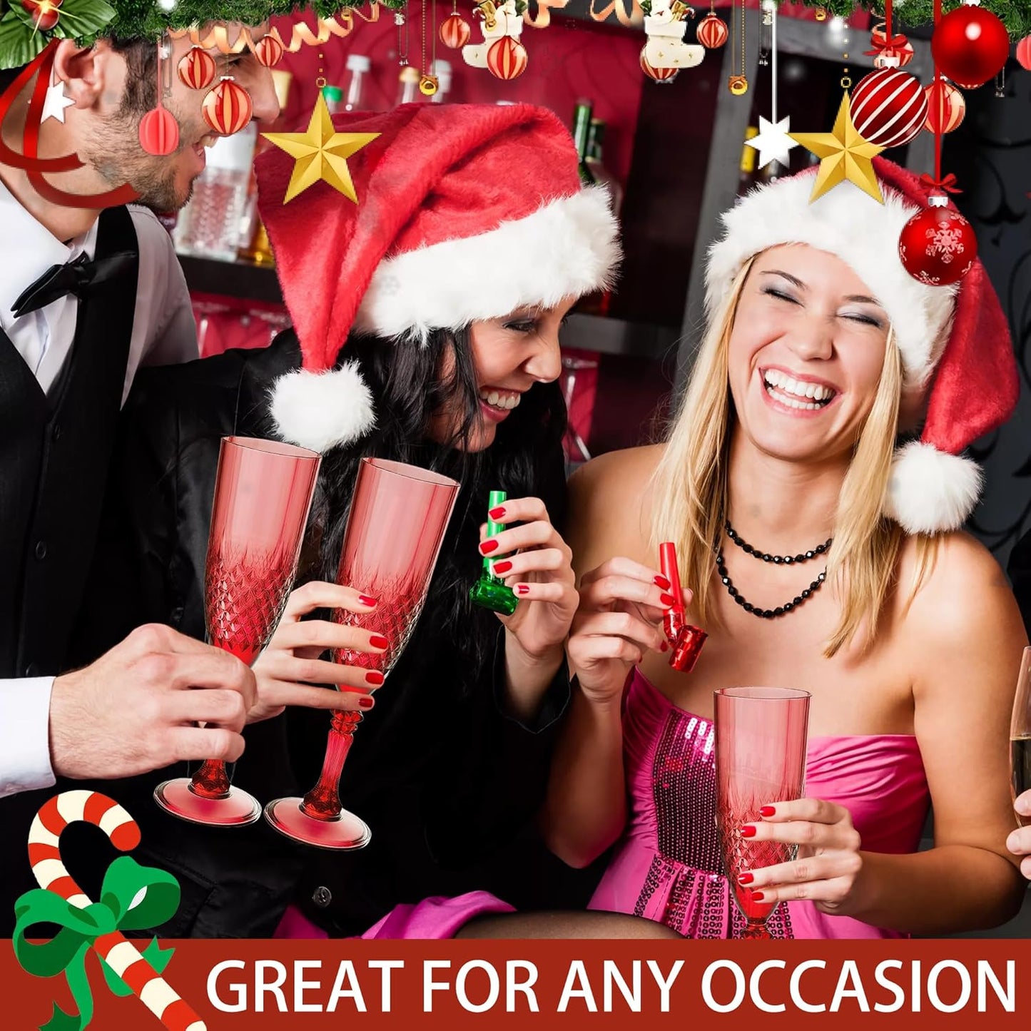 Plastic Champagne Flutes, 24PCS Dark Red Wine Glasses Goblets Cups Reusable Flute, for Christmas Weddings Christmas Bachelor Parties Toasting and Events(24, Dark Red)