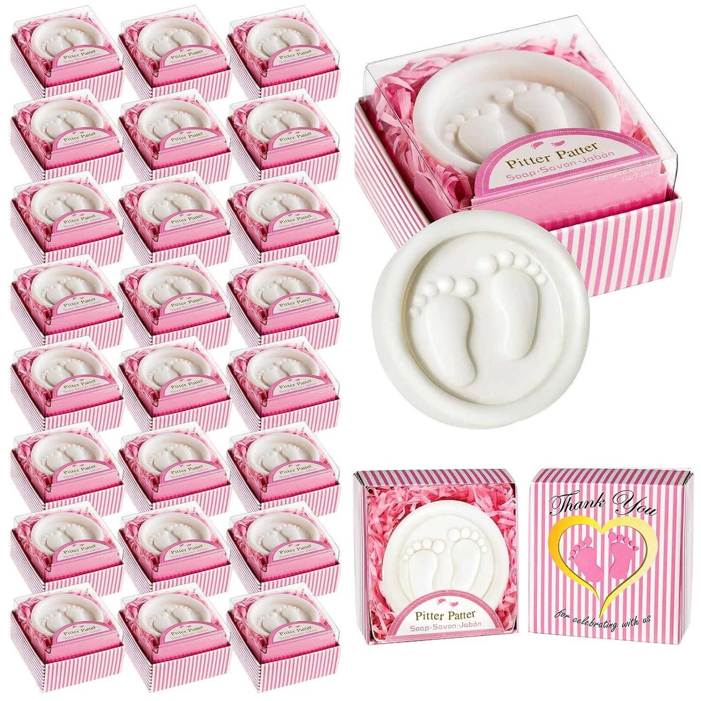 AIXIANG 24-Pack Pink Pitter Patter Handmade Soaps - Individually Wrapped Baby Shower Favors with Gift Box, Baby-feet Scented for Baby Girl Showers & Decor