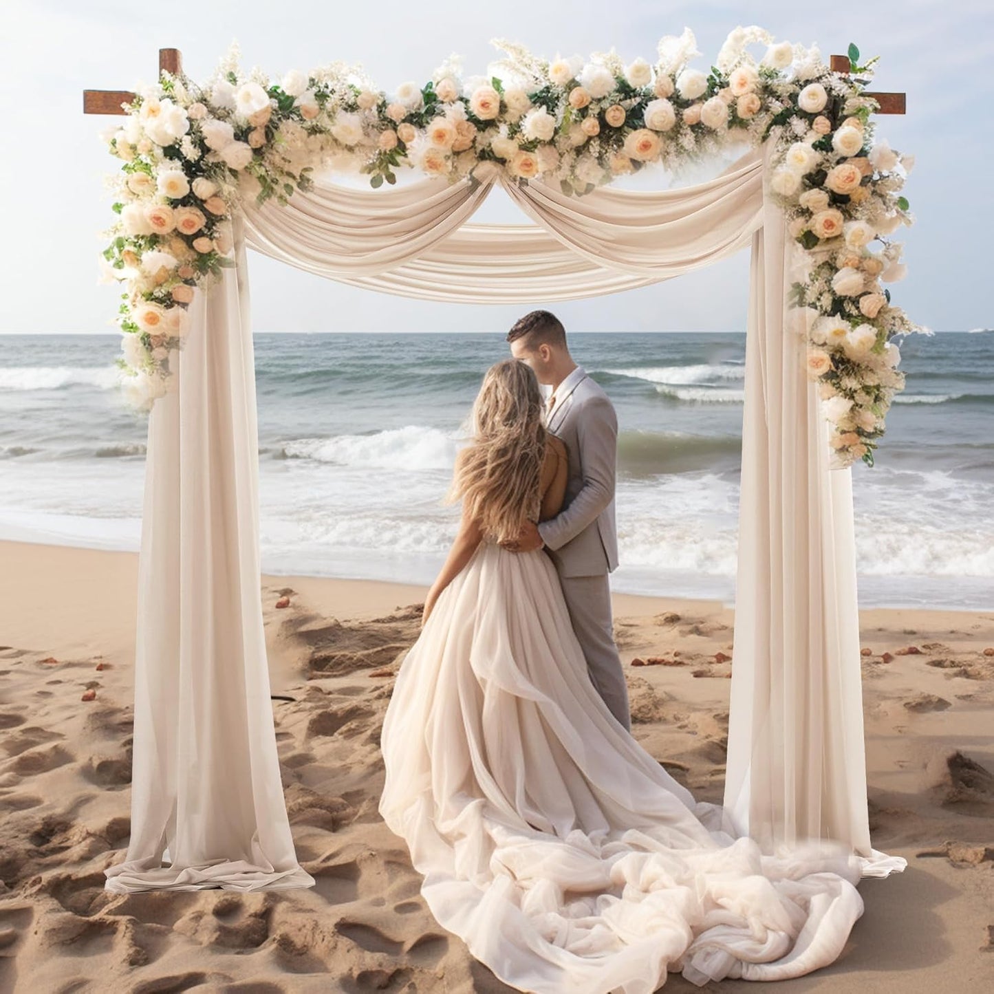 30" x 20Ft Wedding Arch Draping Fabric, 2 Panels Dark Champagne Sheer Curtain Drapes Extra Wide & Long Backdrop Curtains for Wedding Arch Ceremony Birthday Party Decorations