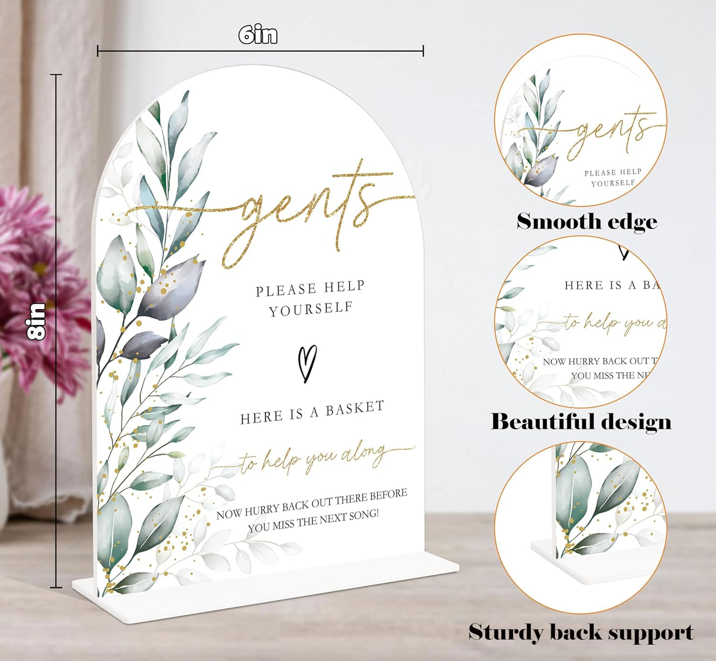 Acrylic Wedding Signs, Greenery Theme Gents Please Help Yourself Sign, Bridal Shower Table Decor with Stand, Wedding Bathroom Basket Supplies for Engagement, Anniversary, Newlywed Event and Party, 08