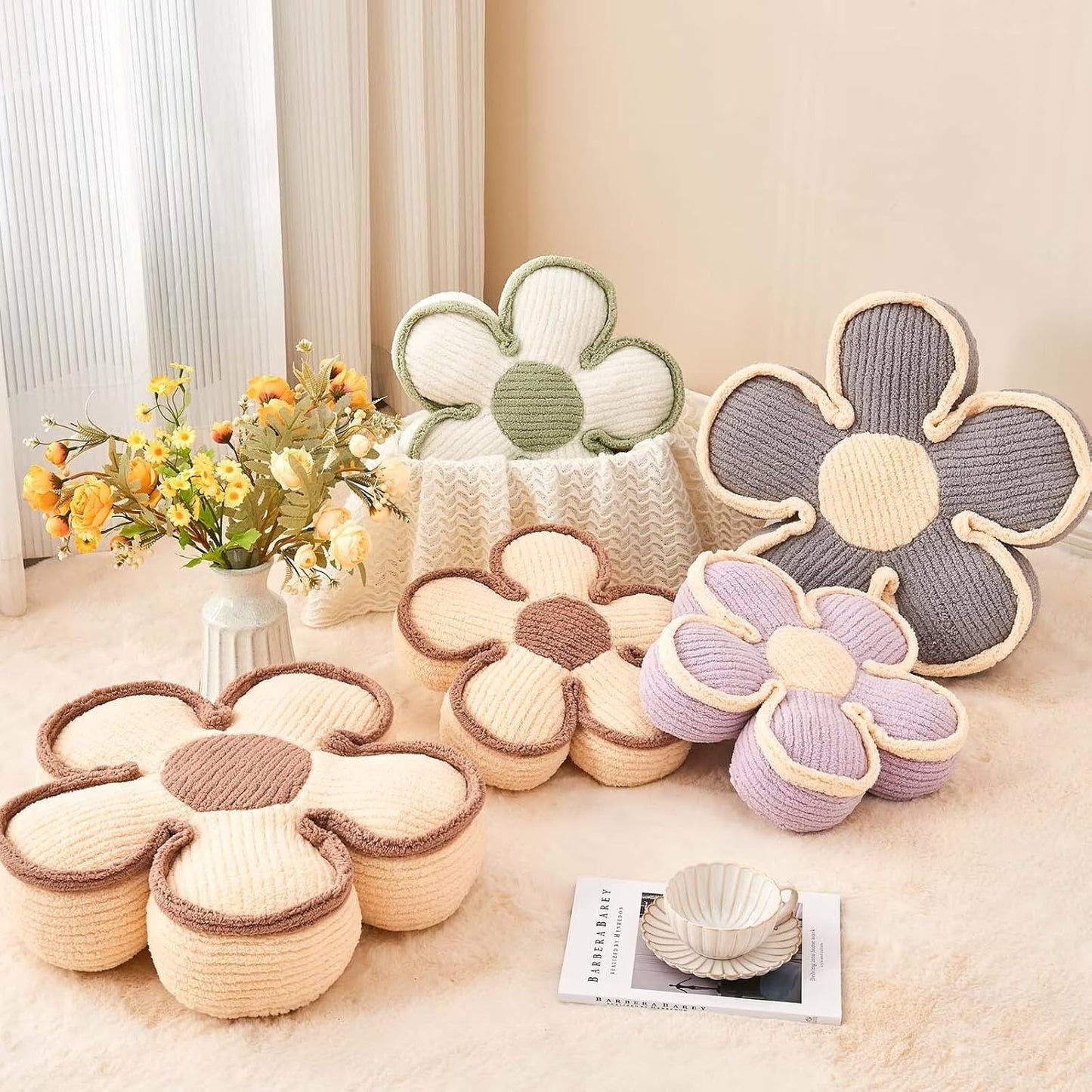 Flower Shaped Floor Cushion & Decorative Throw Pillow, Soft Plush Seating Cushion, Grey (17.7 Inch)