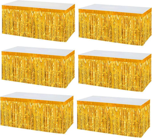 6 Pack 29x108 Inch Metallic Foil Fringe Tinsel Table Skirts Banner for Rectangle Tables Streamer Garland Curtains Backdrop for Wedding, Birthday, Parade Floats, Christmas Party Decoration(New Gold)