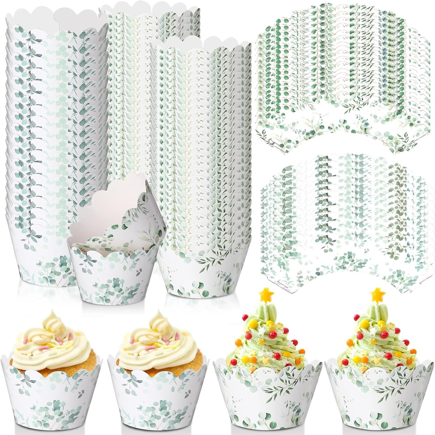 Domensi 100 Pcs Eucalyptus Cupcake Wrappers Rustic Cupcake Liners Green Tulip Baking Cups Baking Liners for Wedding Bridal Baby Shower Birthday Party Supplies Dessert Decoration