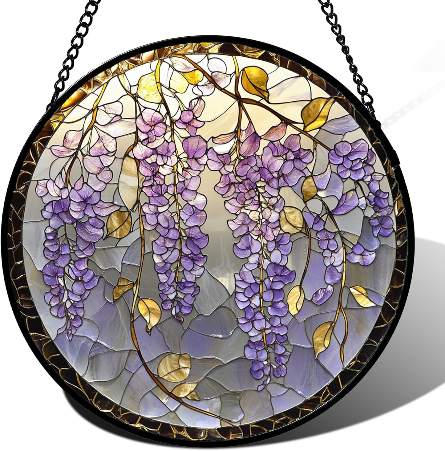 Stained Glass Window Hanging - Wisteria Flower Golden Leaves Sun Catcher for Door Home Decor Plant Suncatcher Christmas Mother's Day Birthday Gifts for Women Men Lovers Mom Nana 6.3 in