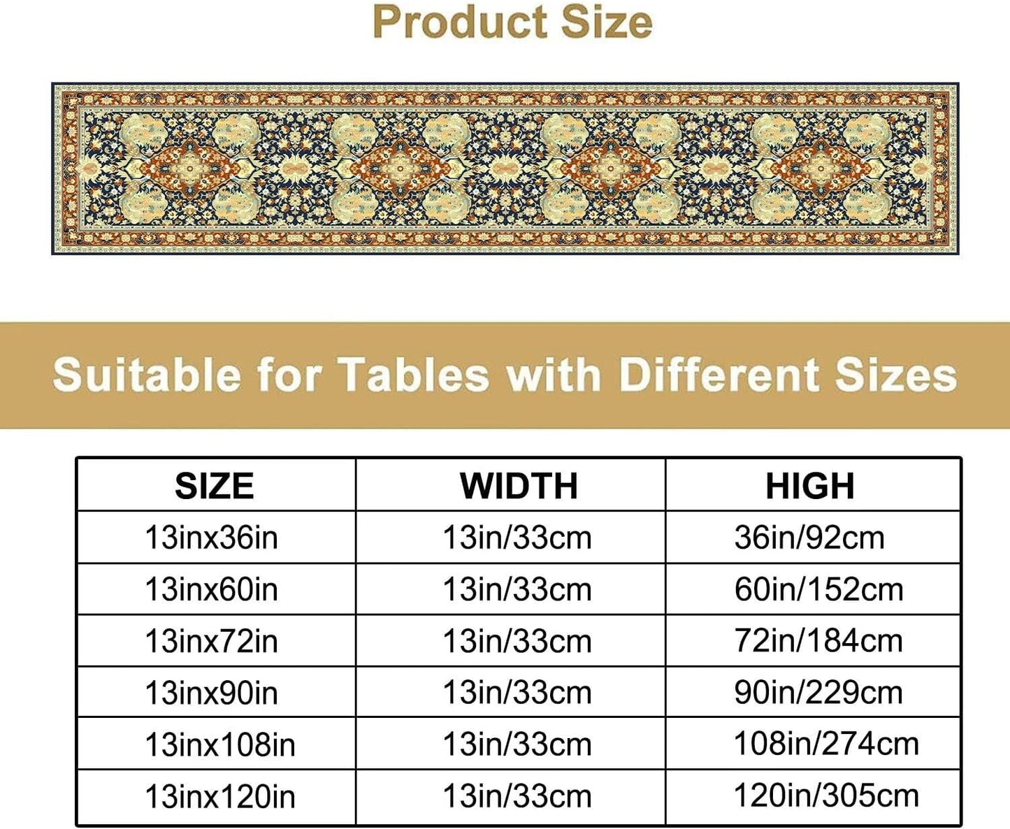 Vintage Boho Floral Table Runner, Elegant Luxurious Rustic Country Farmhouse Navy Blue Gold Retro Flower Pattern for Home Kitchen Table Decor Dining Coffee Room Party Decor 13x60in